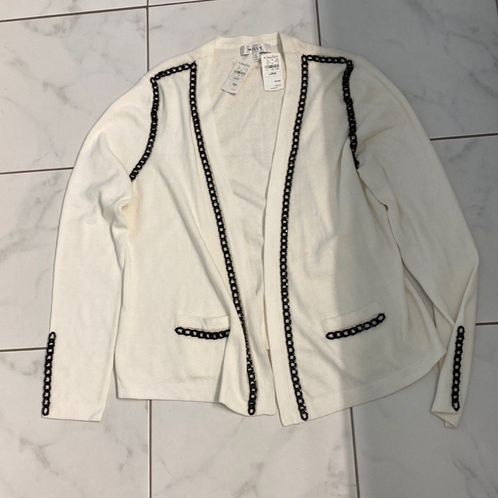 Milly Ivory Black Chain Cotton Wool Cardigan Large NWT